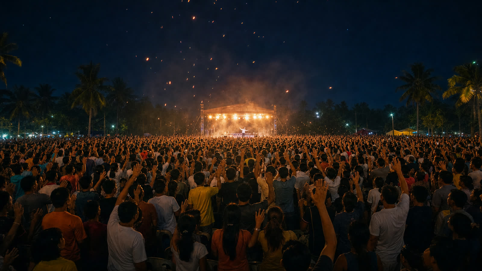Crowd at an outdoor evangelistic gathering at night