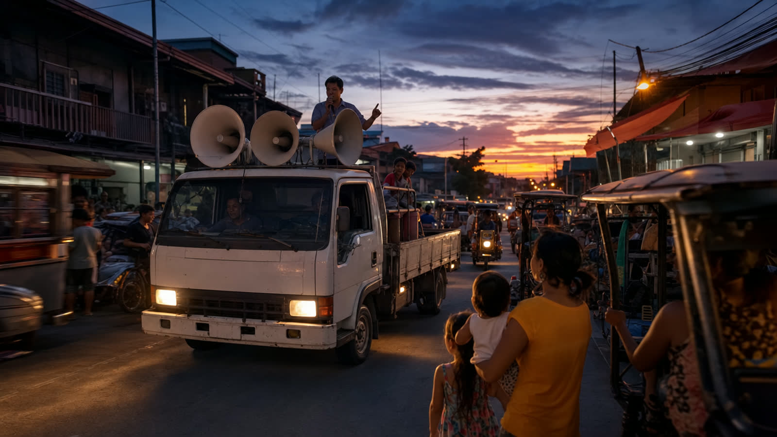 A truck with loudspeakers driving a Philippine street at dusk while a man preaches